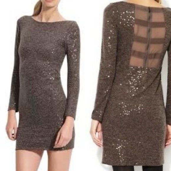 Alice and Olivia Chocolate Sequin Mesh Back Cocktail Dress - Picture 1 of 10